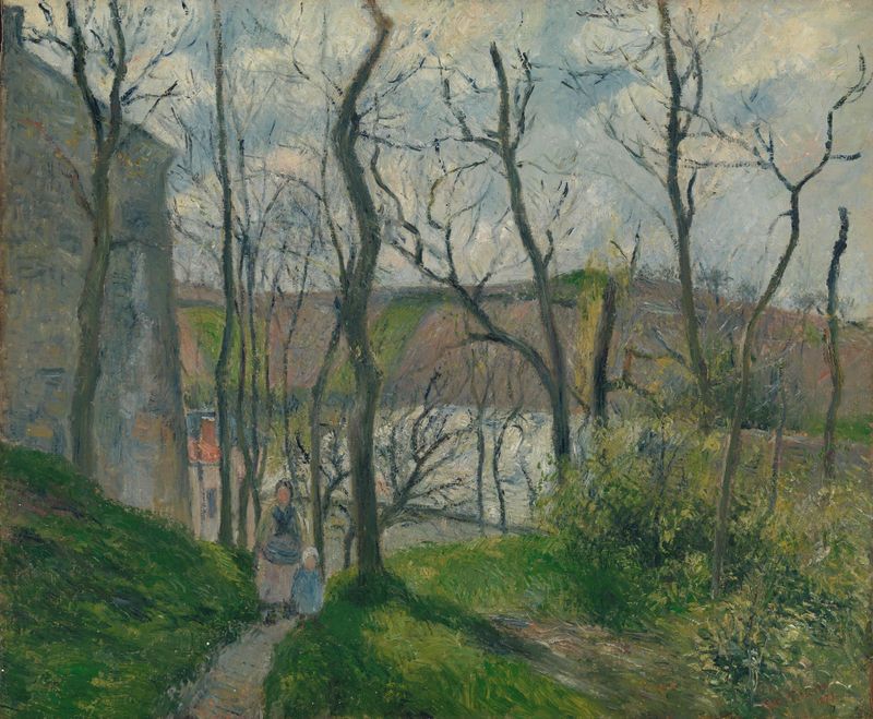 O ‘Palácio Real’ no Hermitage, Pontoise de Camille Pissarro, óleo sobre tela representando um palácio sob um céu luminoso.