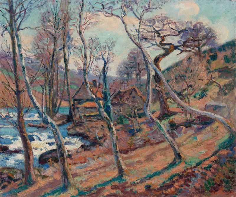 Pintura al óleo de Armand Guillaumin que representa un paisaje sereno con árboles y luz filtrada