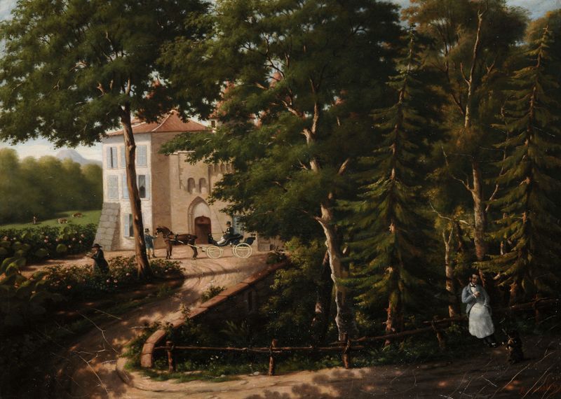 Vue du château d’Aulteribe de Arthur Onslow, óleo sobre lienzo que representa un château en un paisaje animado