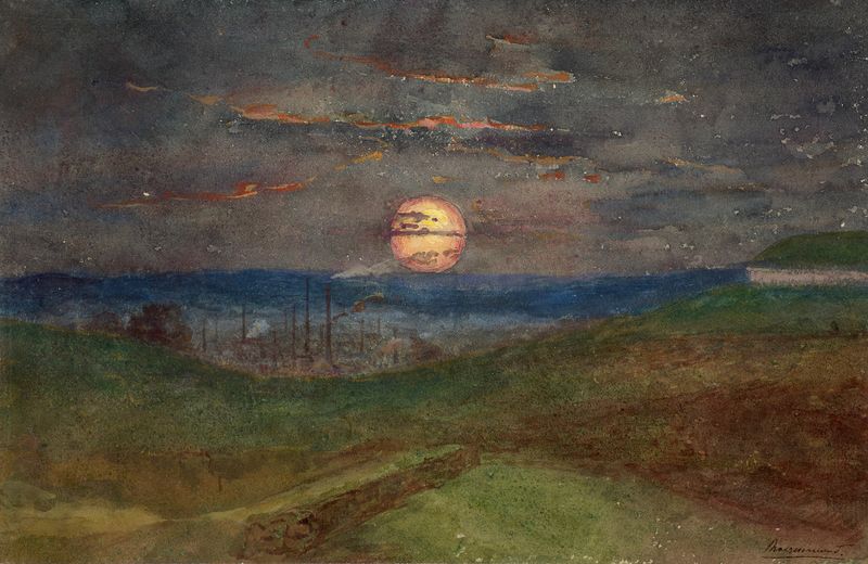 Sunset over the factory chimneys, etching by Félix Bracquemond
