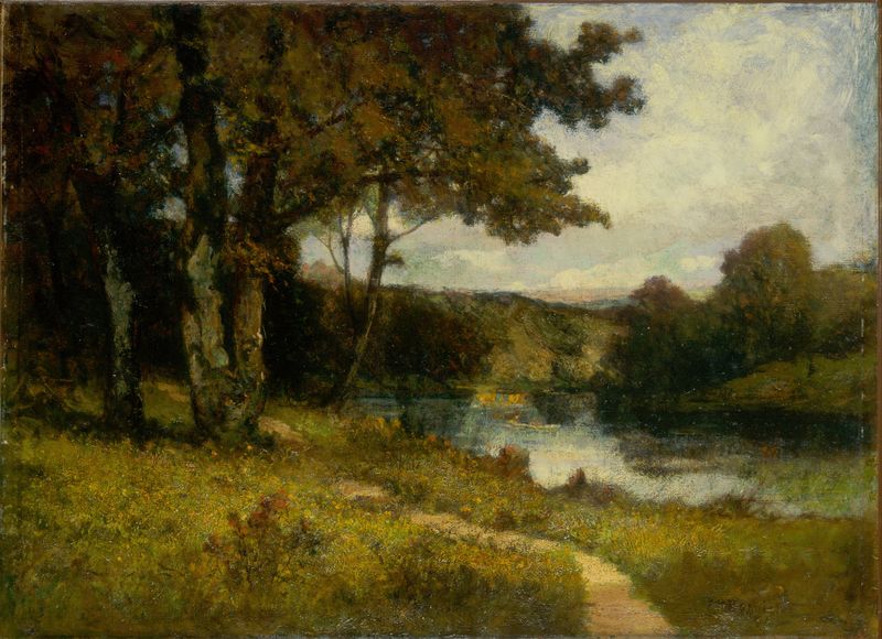 Pintura a óleo de Edward Mitchell Bannister retratando uma paisagem tranquila com árvores perto de um rio.