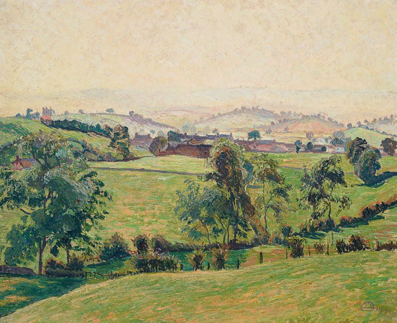 Landscape of rolling hills with haze, oil painting by Lucien Pissarro