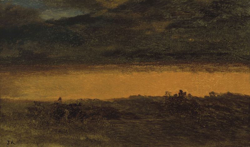 Red Landscape de John Frederick Kensett, pintura a óleo mostrando colinas onduladas e um pôr do sol colorido.