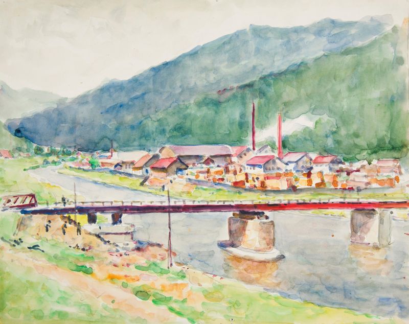Landscape with a bridge over a river, oil painting by Ivan Ivanec