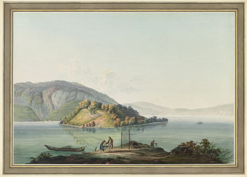 Vue de l’Isle St. Pierre sur le Lac de Bienne, óleo sobre tela de Johann Joseph Hartmann