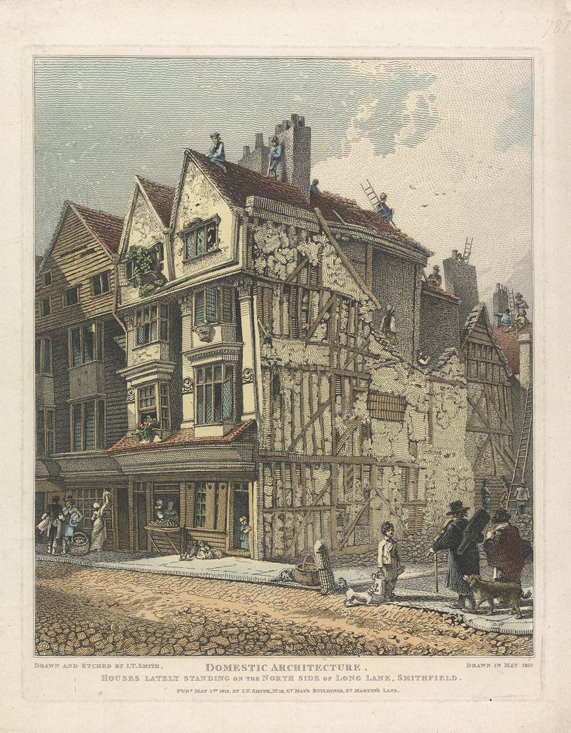 Casas no lado norte de Long Land, Smithfield, de John Thomas Smith, óleo