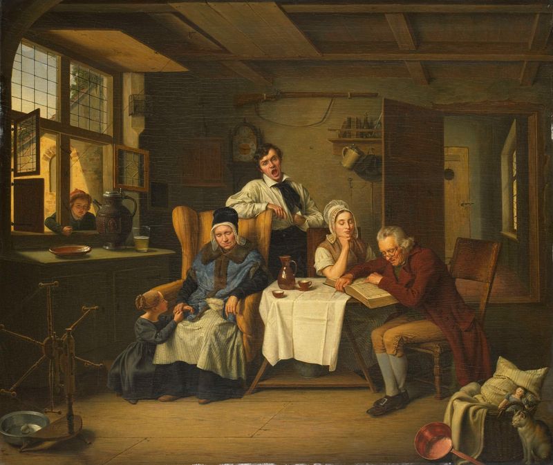 Escena interior con una figura leyendo un libro, óleo sobre lienzo de Eduard Karl Gustav Lebrecht Pistorius
