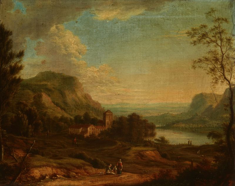 Genre scene with figures in a vibrant landscape, oil on canvas by Johann Christian Vollerdt.