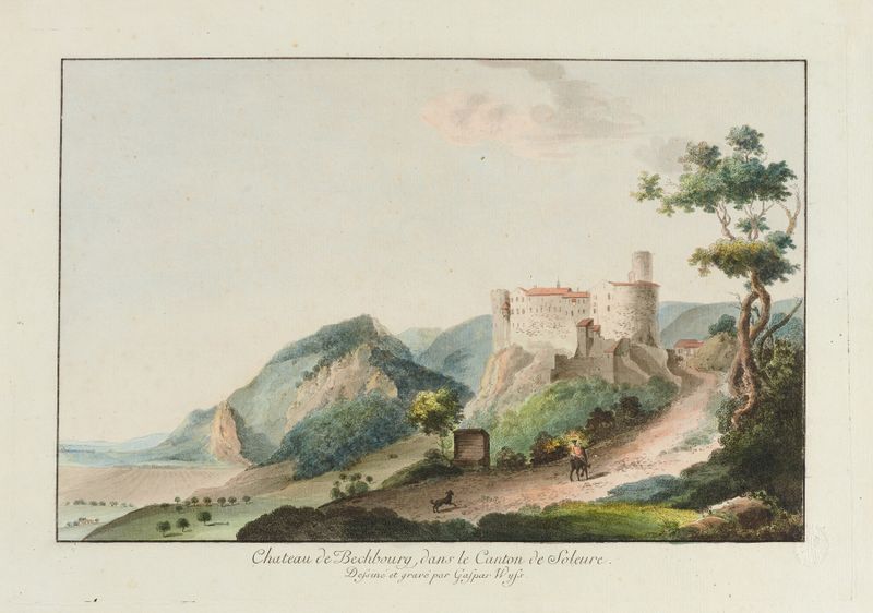 Landscape featuring Chateau de Bechbourg by Caspar Leontius Wyss, oil painting with a castle on a cliff at dusk.