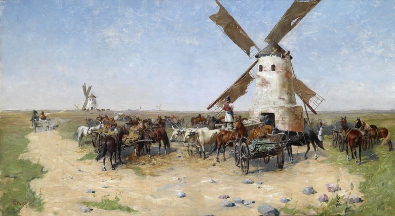Landscape featuring a windmill in a vast green setting by Laszlo Pataky von Sospatak