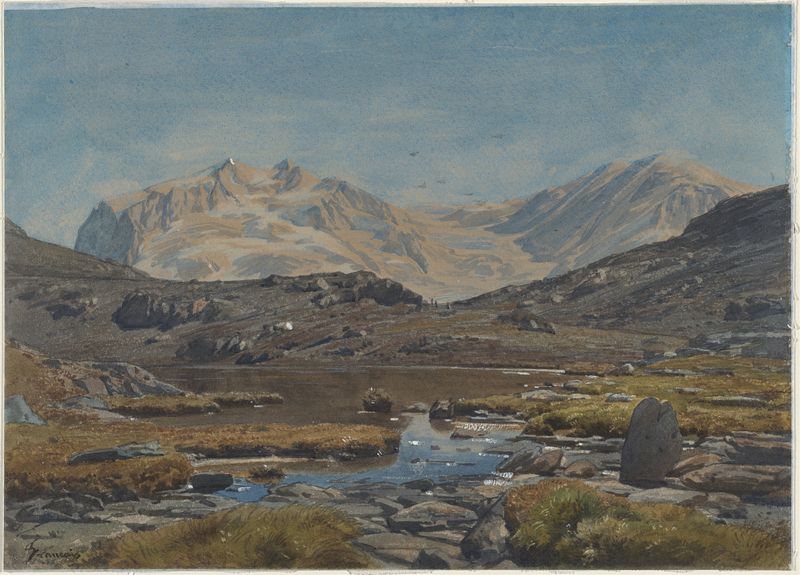 Paisaje de montaña de Francois-Louis Français, pintura al óleo que representa picos serenos y laderas texturizadas.