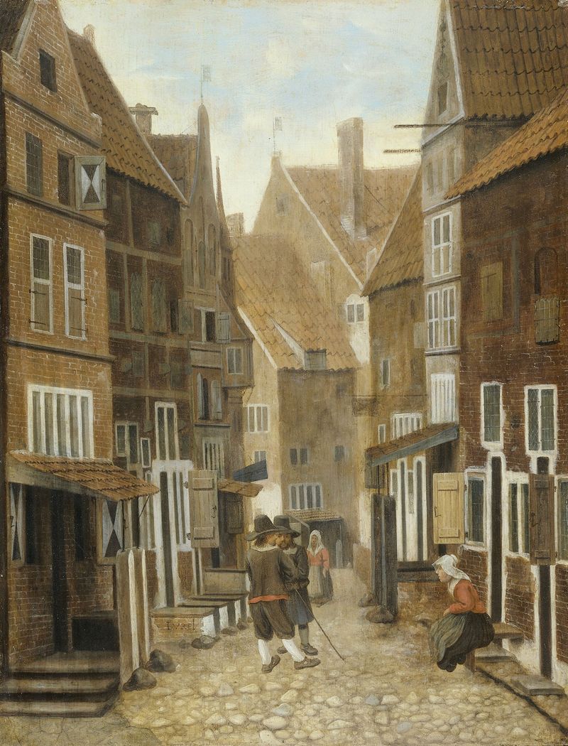 Vista de un pueblo de Jacob Vrel, óleo sobre panel que representa un paisaje tranquilo con colinas y tejados