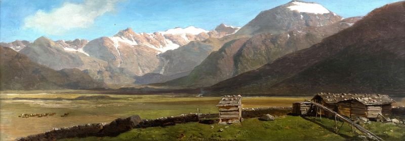Almhütten auf einer Ebene mit Gebirgskette by Albert Zimmermann, oil on canvas depicting alpine huts and mountains.