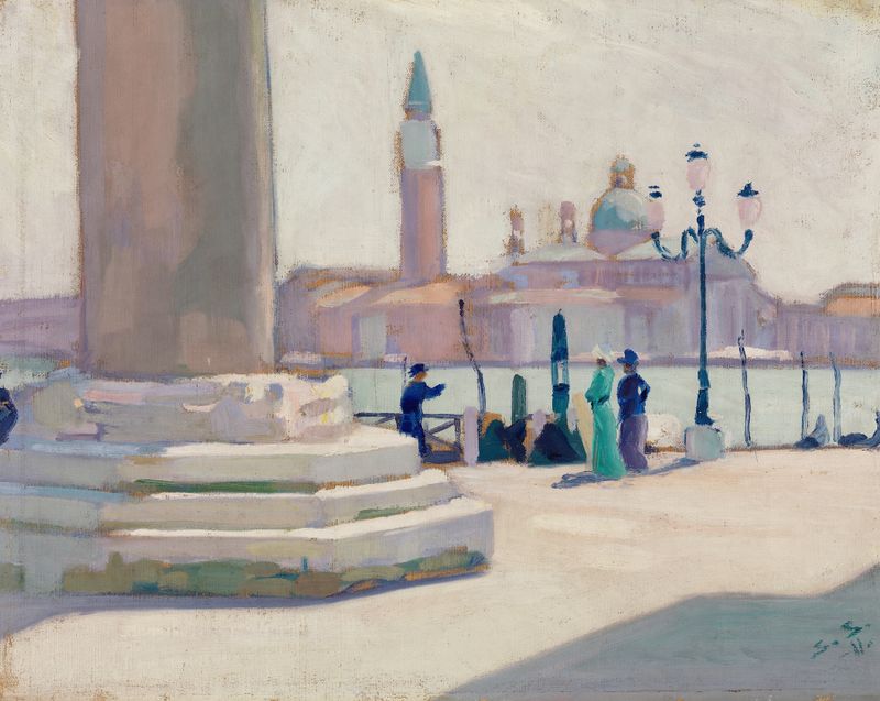 Góndola en un canal de Venecia, pintura al óleo de Santeri Salokivi