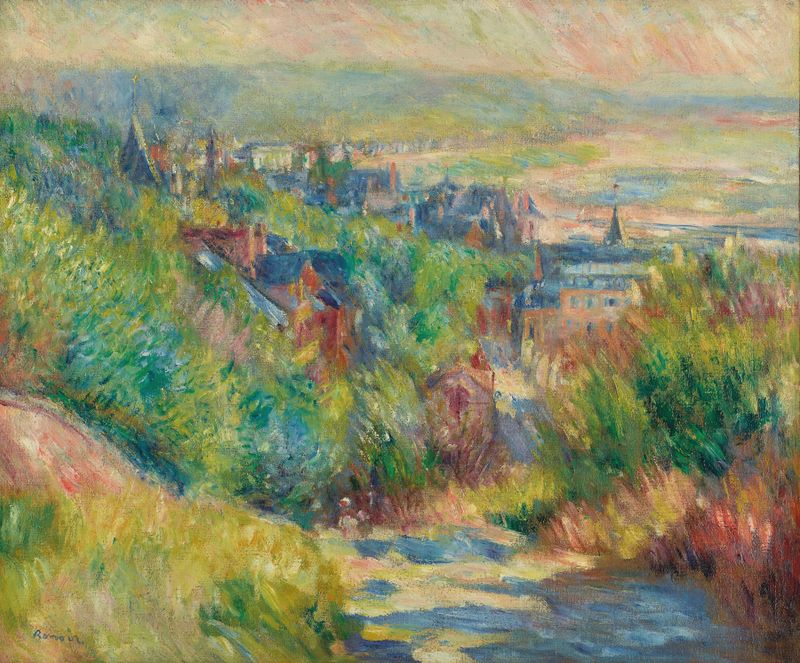 Les hauteurs de Trouville de Pierre-Auguste Renoir, óleo sobre lienzo que muestra figuras disfrutando de la luz del sol.