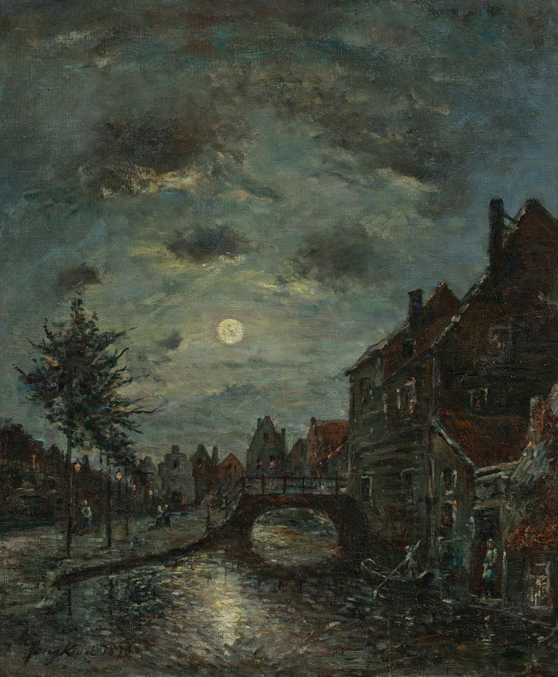Canal à noite com reflexo da lua, pintura a óleo de Johan Barthold Jongkind