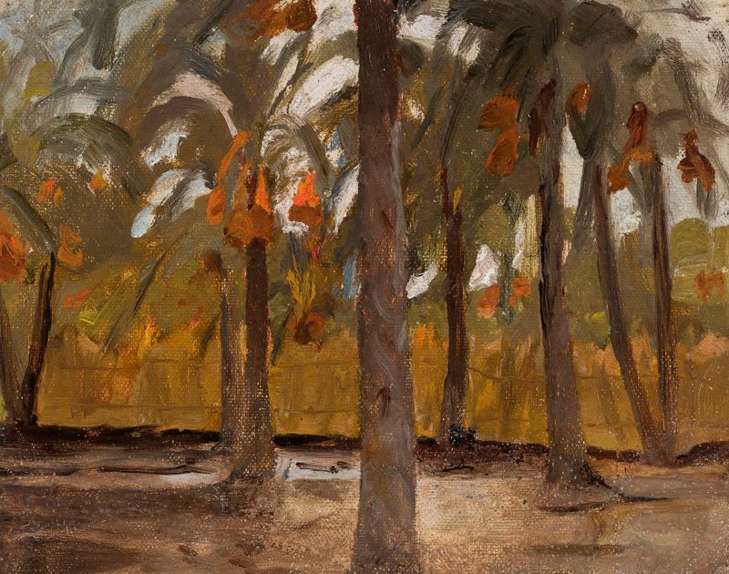 El Bosque de Palmas Egipcias de Jan Ciągliński, impresionismo, que muestra un paisaje vibrante con palmeras y luz solar