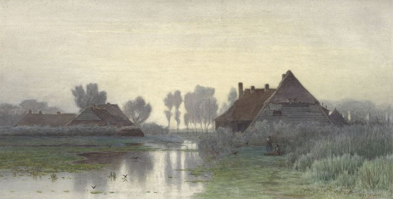 Landscape with farmhouses in morning mist by Paul Joseph Constantin Gabriël, oil painting
