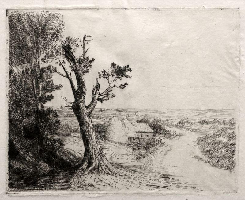 Paisaje con Montones de Paja de Alphonse Legros, pintura al óleo que muestra montones de paja en luz suave.