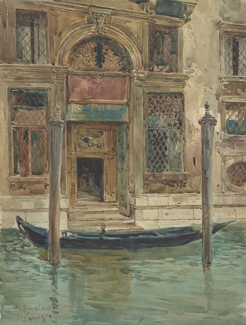 Portal Of A Venetian Palace de Daniele Bucciarelli, óleo que presenta un intrincado arco y reflejos en el agua.
