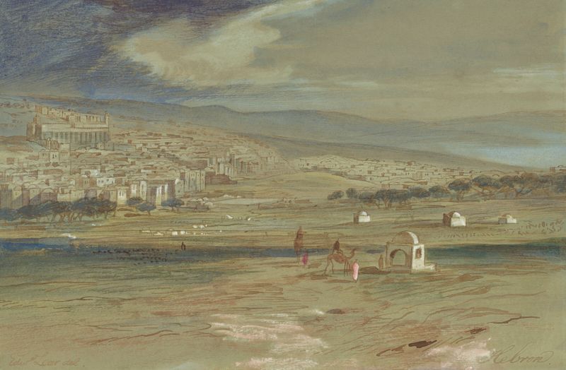 Aquarela de Edward Lear mostrando a cidade de Hebron com camelos e figuras em primeiro plano.
