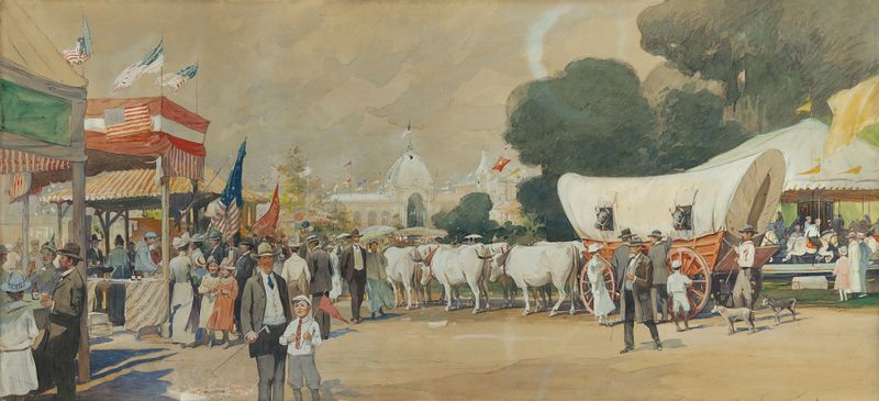 Carro coberto em uma feira puxado por seis bois, pintura a óleo de Oscar Edmund Berninghaus