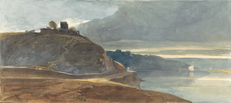 Pintura a óleo de William James Müller retratando um castelo acima de um estuário com colinas e um céu dramático.