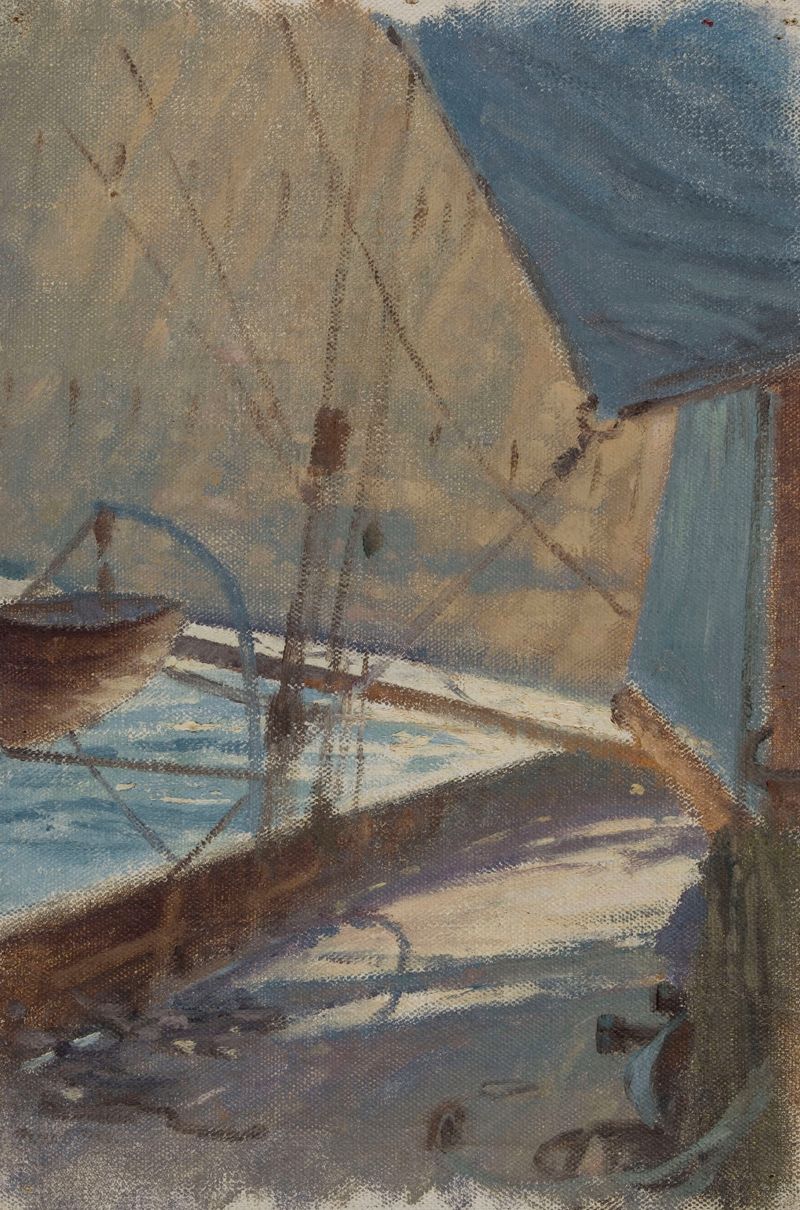 Escena marina con un barco en aguas índigo, de Henry Brokman, pintura al óleo