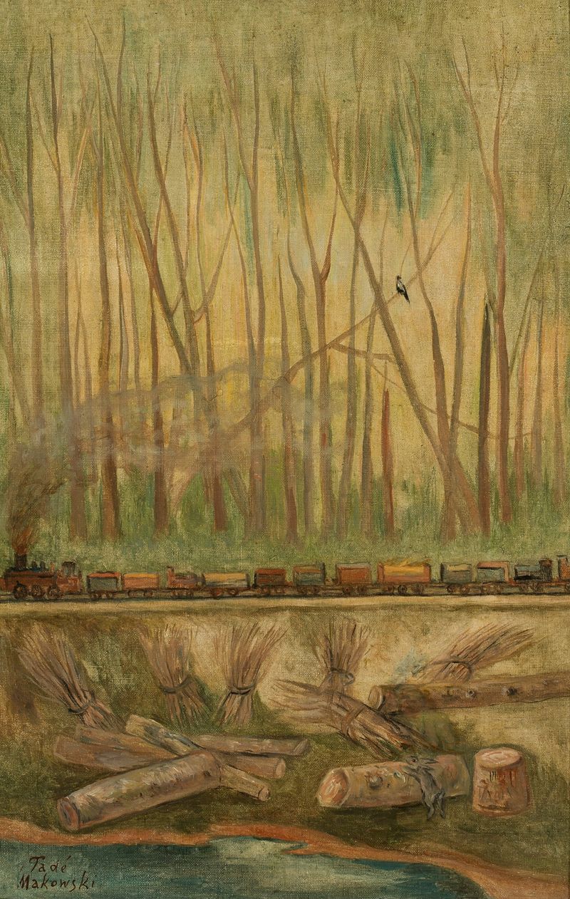 Figurative oil painting depicting a train in muted earth tones by Tadeusz Makowski
