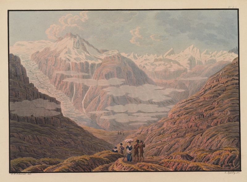 Oil painting by David Alois Schmid depicting mountains and a valley.