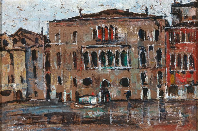 Canal Grande de Gheorghe Petraşcu, óleo sobre lienzo que representa un canal brillante con reflejos.