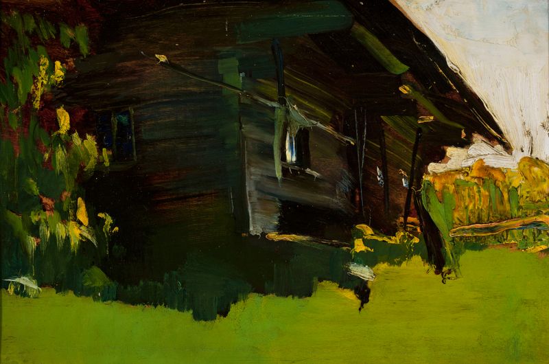Landscape with a cottage and hills by Konrad Krzyżanowski, oil painting