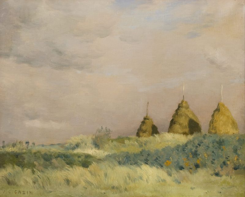 Landscape with hay stacks in golden light by Jean Charles Cazin, oil painting
