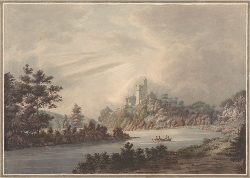Paisaje, Castillo junto al Río de William Green, pintura al óleo que muestra una escena tranquila con reflejos.