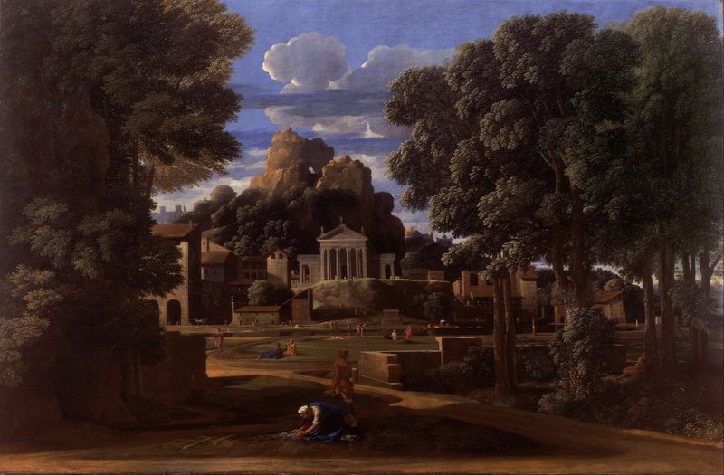 Landscape with the Ashes of Phocion, oil on canvas by Nicolas Poussin depicting a somber landscape.