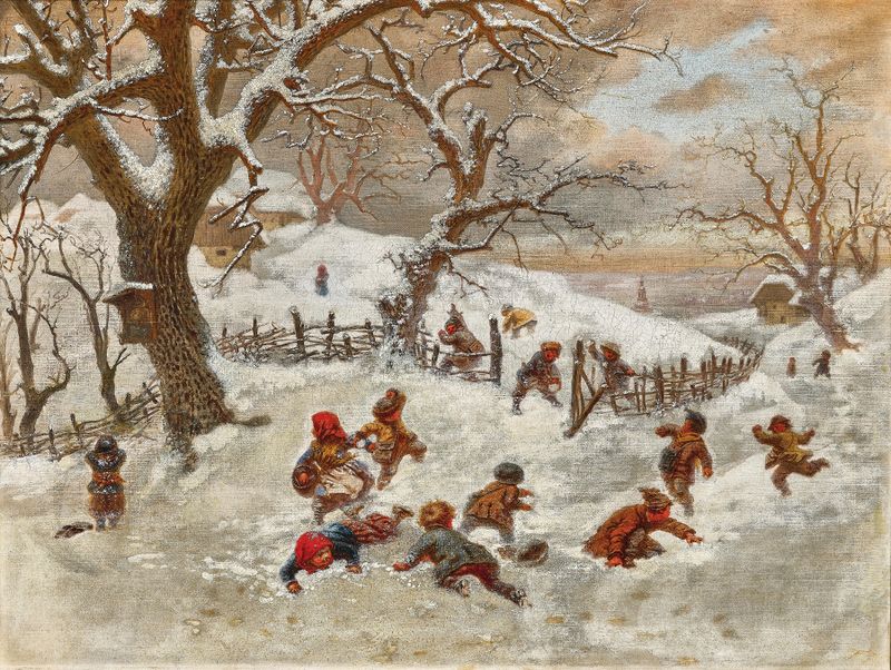 Una escena de pelea de bolas de nieve en óleo sobre lienzo de Ferdinand Mallitsch