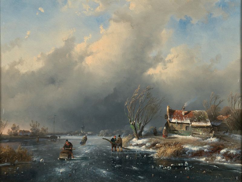 Patinadores em um lago congelado, óleo sobre tela de Charles Leickert