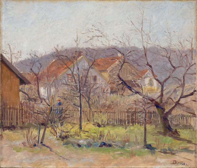 Spring Sun de Edvard Diriks, óleo sobre lienzo, que representa un paisaje primaveral con figuras y luz solar.