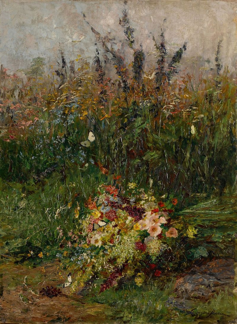 Pintura al óleo de Olga Wisinger-Florian con flores silvestres iluminadas por la luz del sol.