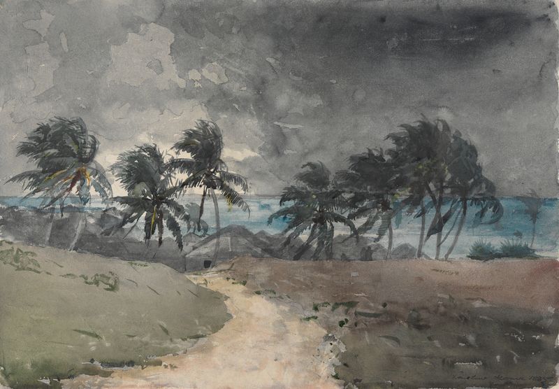 Storm, Bahamas de Winslow Homer, acuarela sobre papel que representa nubes oscuras sobre olas agitadas del océano.