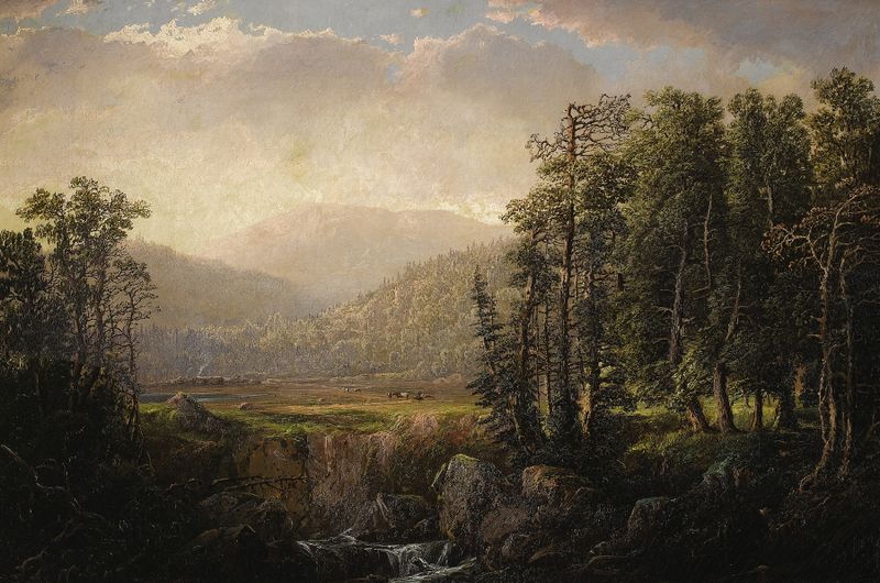Adirondack Mountain Landscape by William Louis Sonntag, oil on canvas depicting a serene forest and mountains.