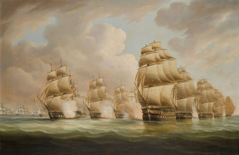 Marine scene with ships in battle, oil painting by Thomas Buttersworth
