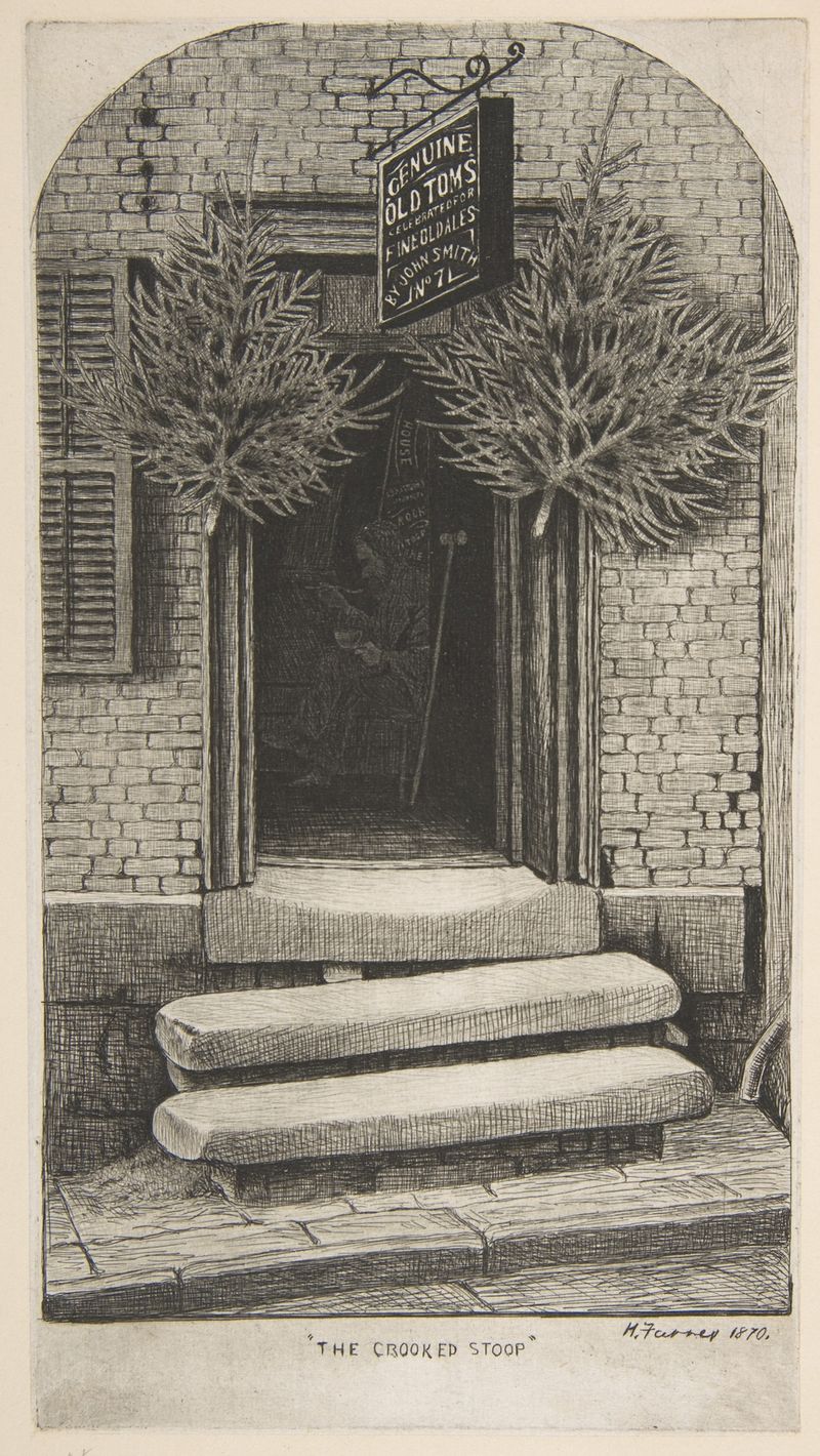 The Crooked Stoop, engraving by Henry Farrer depicting a sunset over cobblestones
