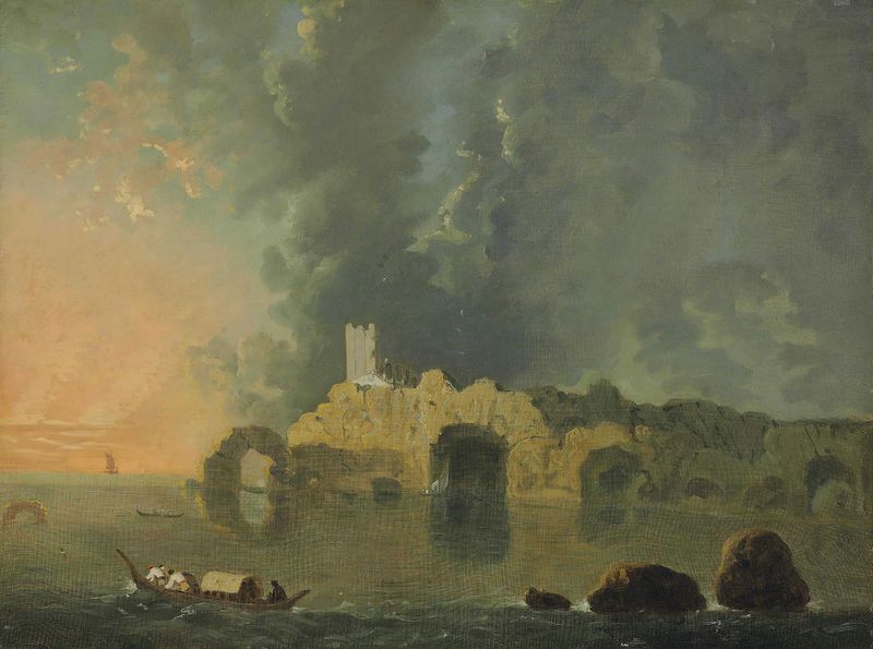 Pintura a óleo de paisagem por Richard Wilson, retratando penhascos e uma baía.