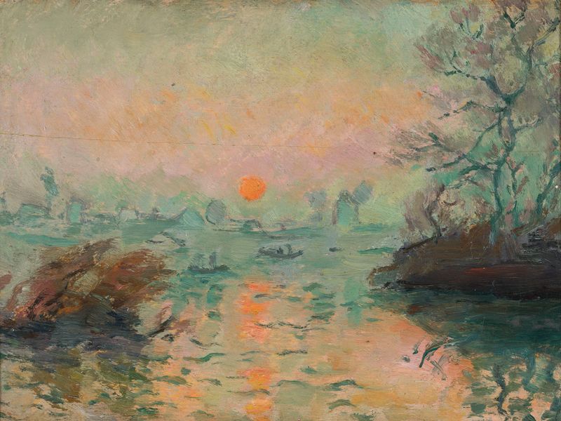 Paisagem ao pôr do sol de Tadeusz Makowski, pintura a óleo mostrando um horizonte quente e cores do crepúsculo.