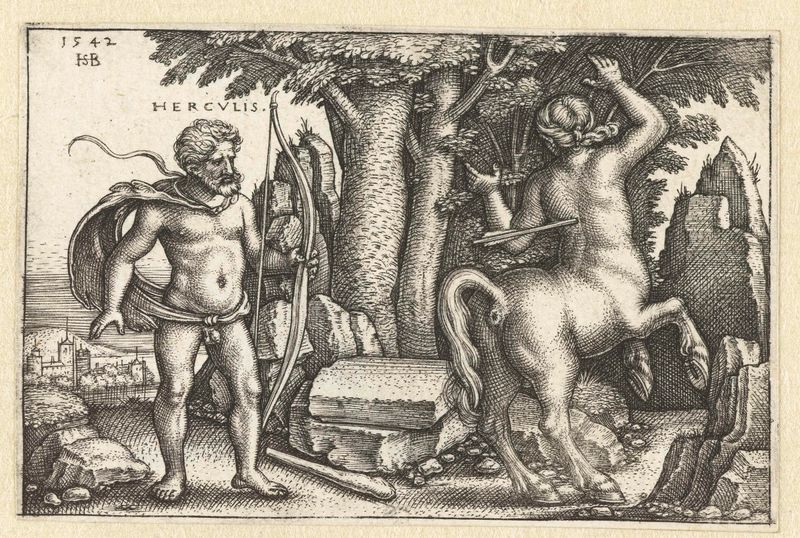Hércules lucha con Nessus, el centauro, en un grabado de Hans Sebald Beham