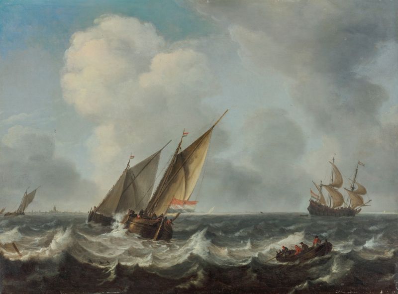 Two smalschips and a rowing boat on choppy waters, oil painting by Arnoldus Van Anthonissen