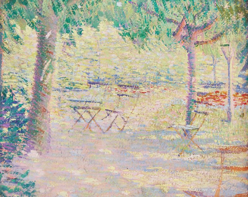 Sunlit Outdoor Terrasse, Giverny de Philip Leslie Hale, óleo sobre tela que mostra uma varanda cheia de flores.