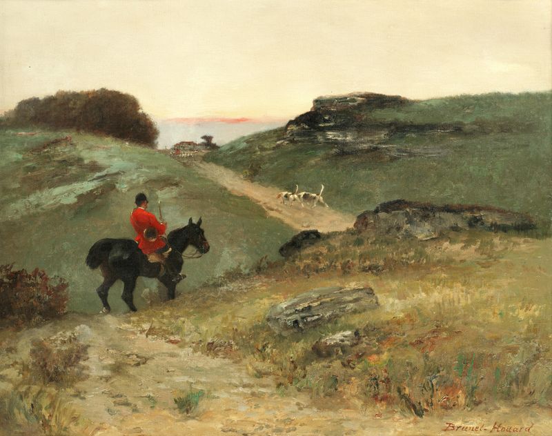 Cazador y perro regresando a casa en óleo sobre lienzo de Pierre Auguste Brunet-Houard