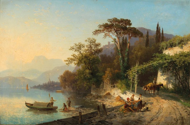 Landscape of Lake Garda by Carl Hasch, oil painting featuring vibrant blues and greens.